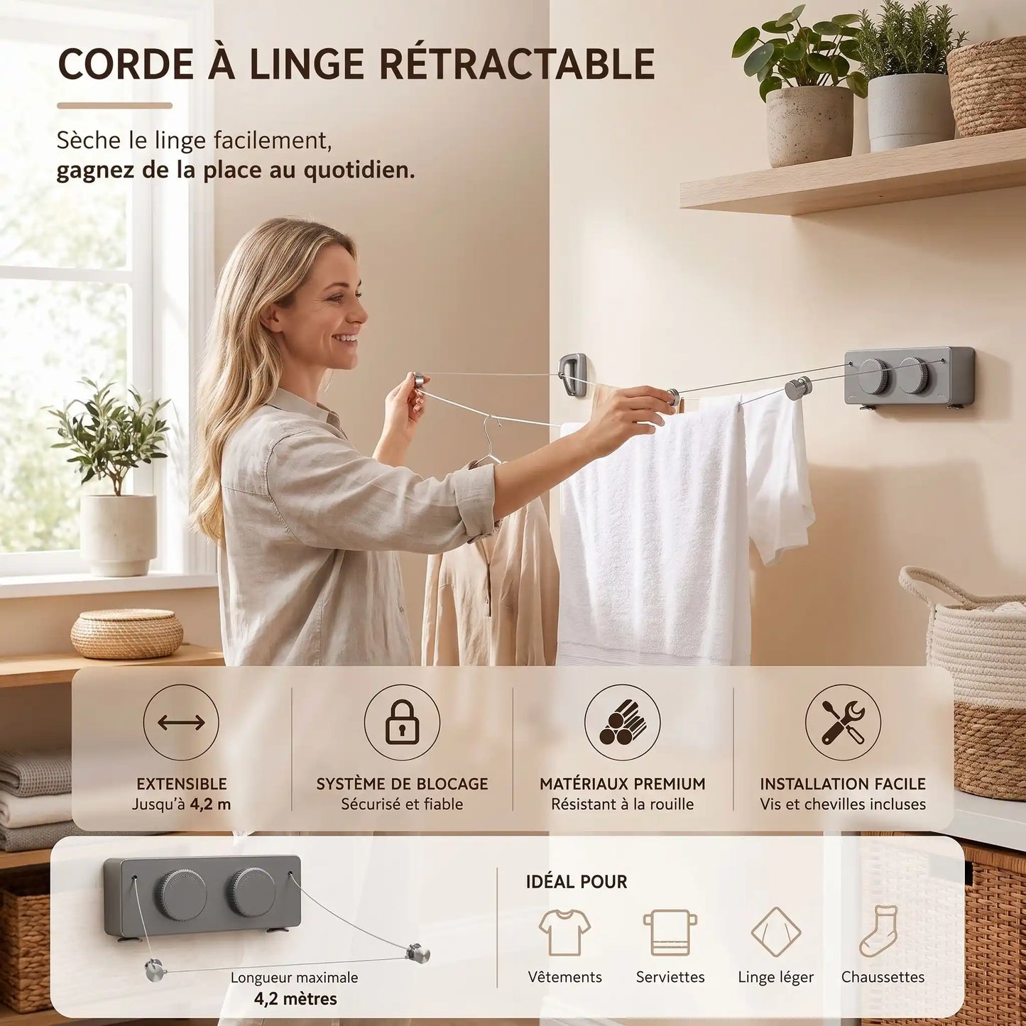 Corde à linge | Gain de Place Rétractable