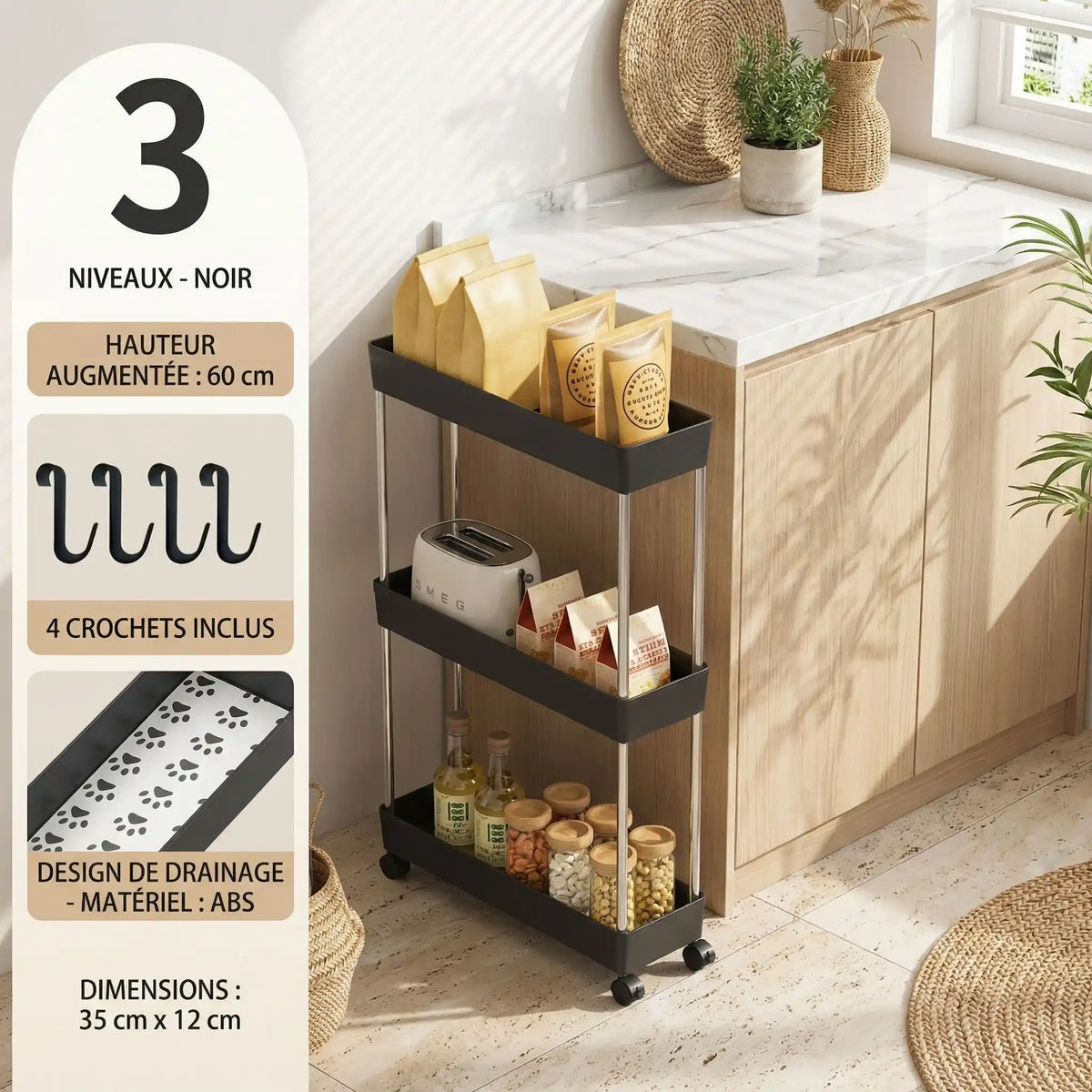 Desserte a roulette | Rangement Cuisine Gain de Place - Minimaliste Lab