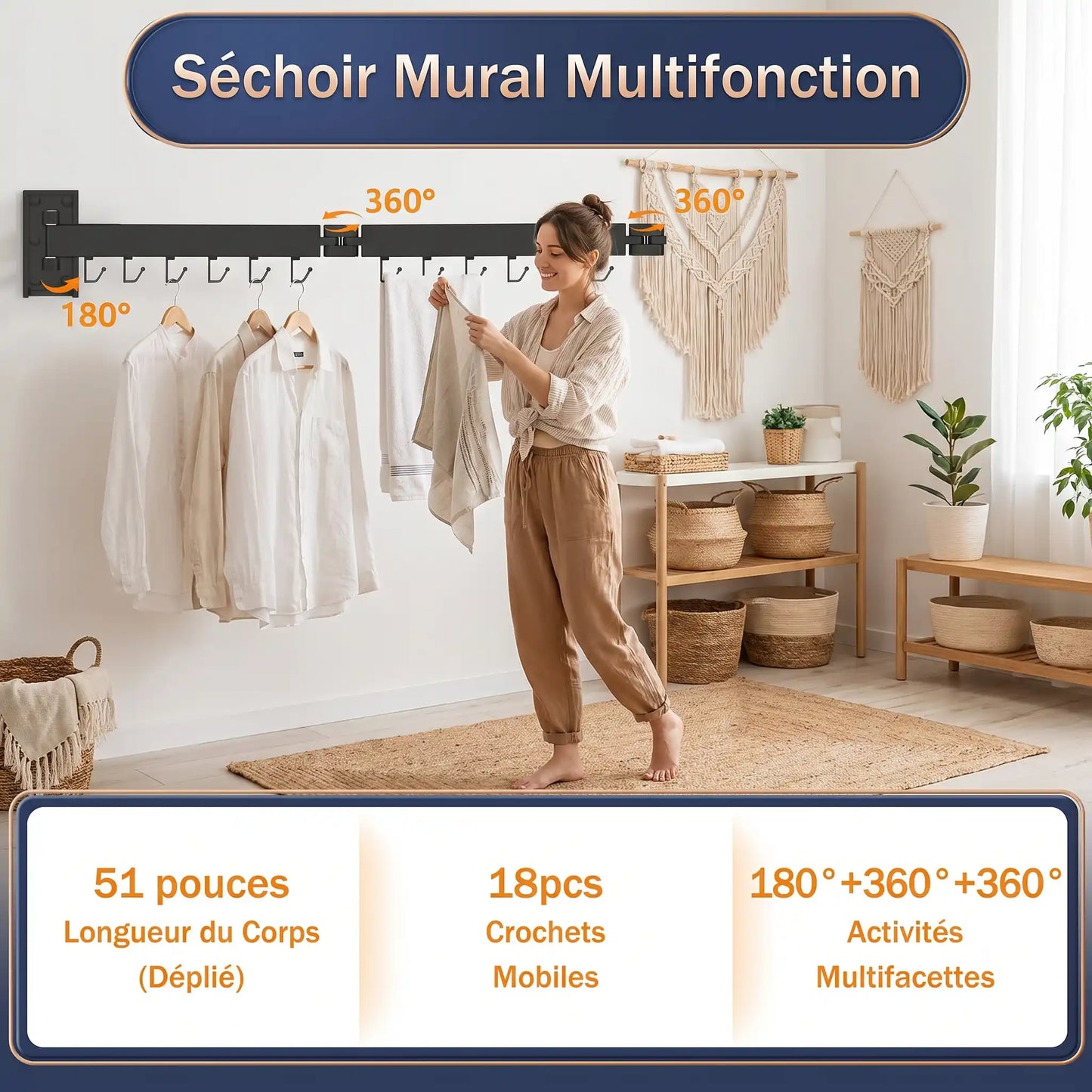 étendoir à linge extensible gain de place buanderie MinimalisteLab