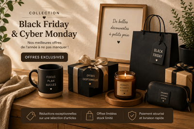 Bannière collection Black Friday et Cyber Monday — design minimaliste contrasté