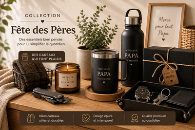 Bannière collection Fête des Pères — décoration minimaliste bois et cuir naturel
