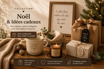 Bannière collection Noël et Idées cadeaux — décoration festive minimaliste bohème