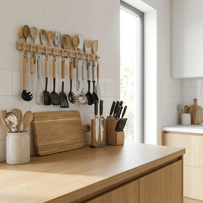 ustensiles préparation cuisine support mural bois MinimalisteLab