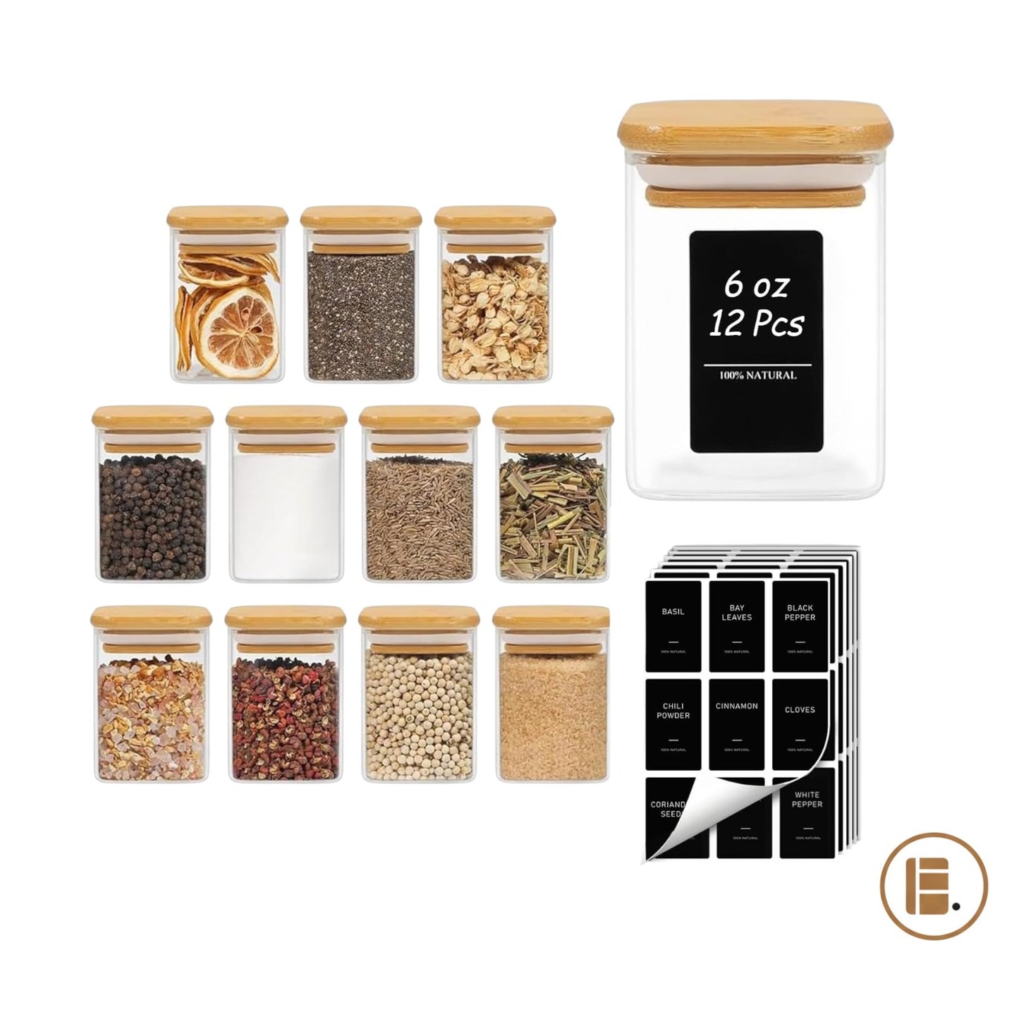 Pot a epice | Hermétique Pots Verre avec Étiquettes | Couvercle Bambou