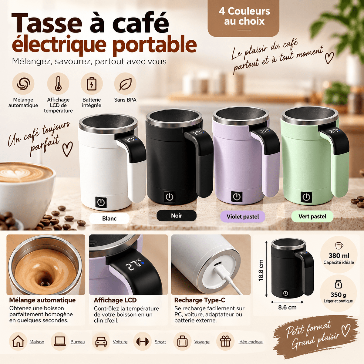 Mug Auto-Mélangeant Électrique | TempDisplay - Minimaliste Lab
