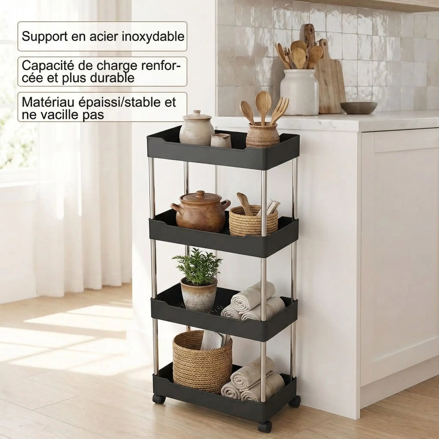 desserte roulettes etroite cuisine mobile 3 niveaux