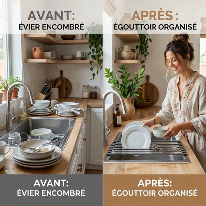 Avant après encombrement et humidité réduits avec égouttoir rétractable