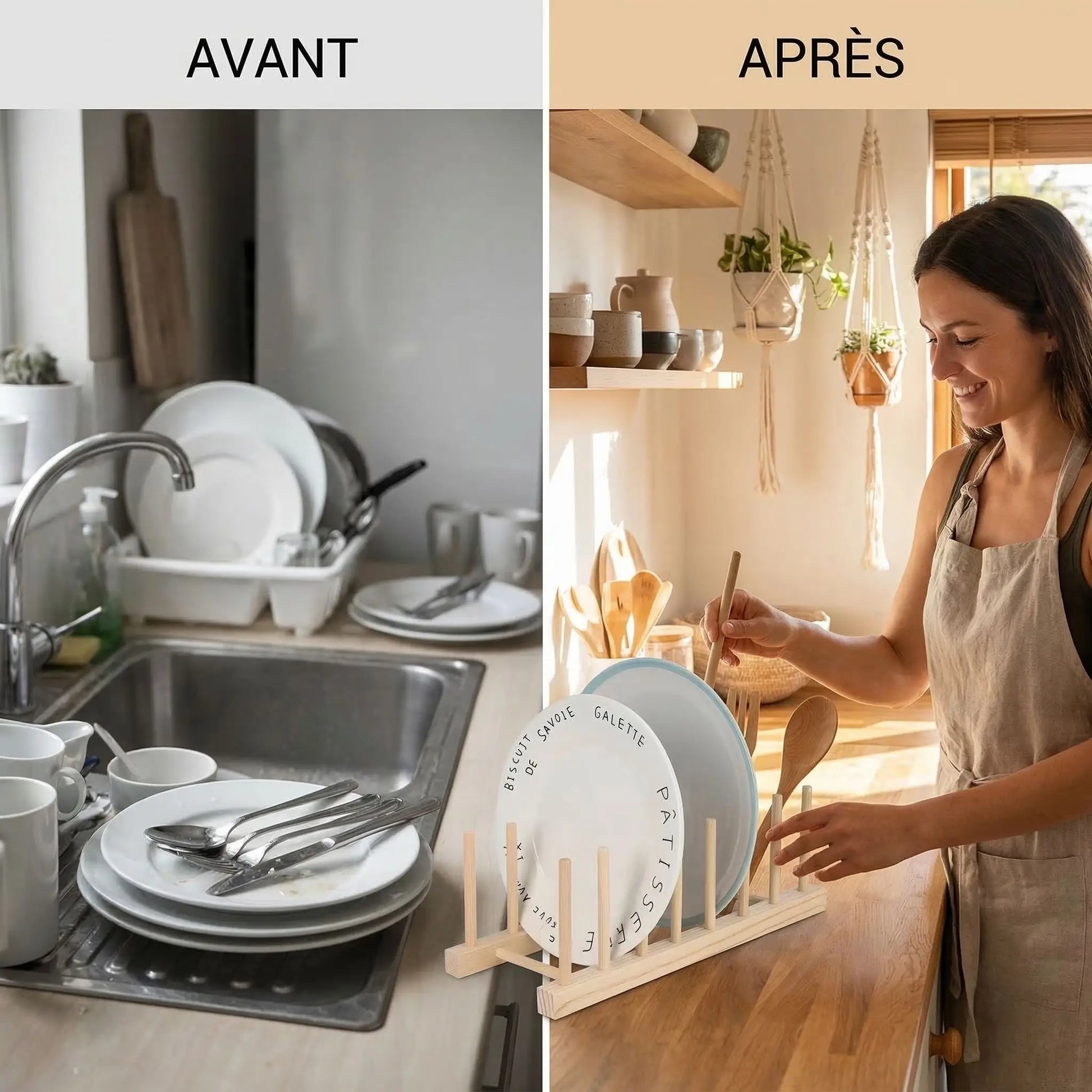 Avant après vaisselle organisée avec égouttoir bois