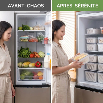 Comparaison avant/après organisation du réfrigérateur avec boîtes alimentaires hermétiques MinimalisteLab