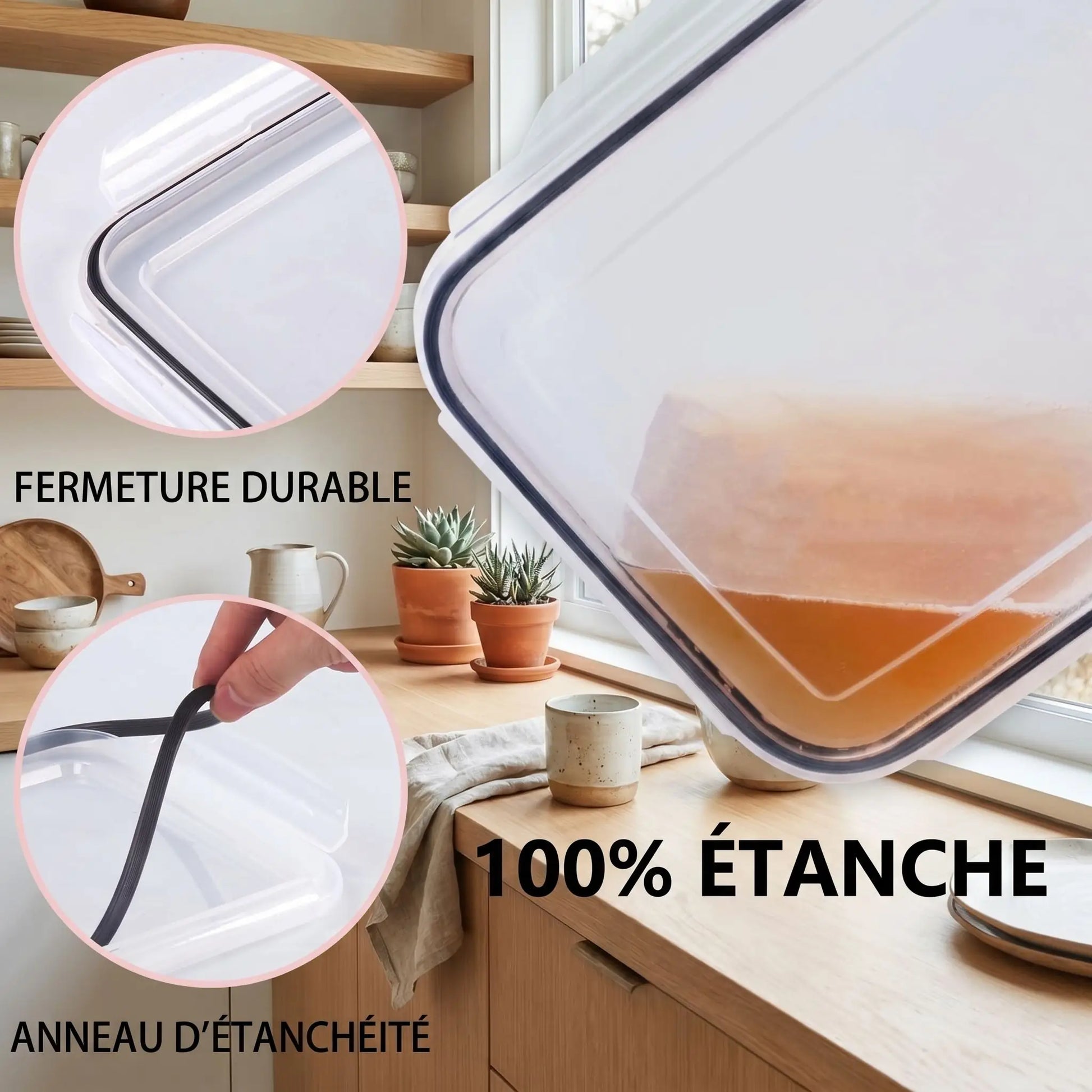 Boîte alimentaire hermétique décomposée : couvercle joint passoire et récipient avec fruits rouges