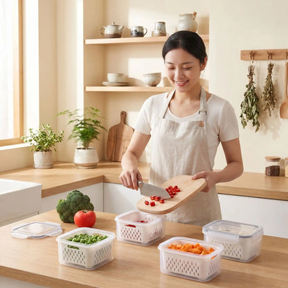 Femme utilisant la boîte alimentaire hermétique avec passoire égouttoir en cuisine