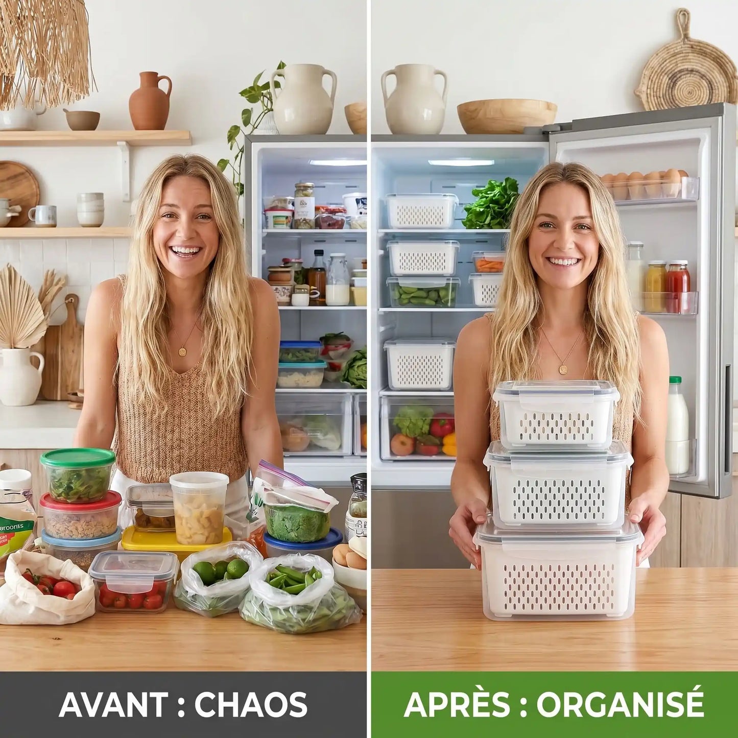 Boîte alimentaire hermétique avec passoire tenue en main remplie de pommes vertes
