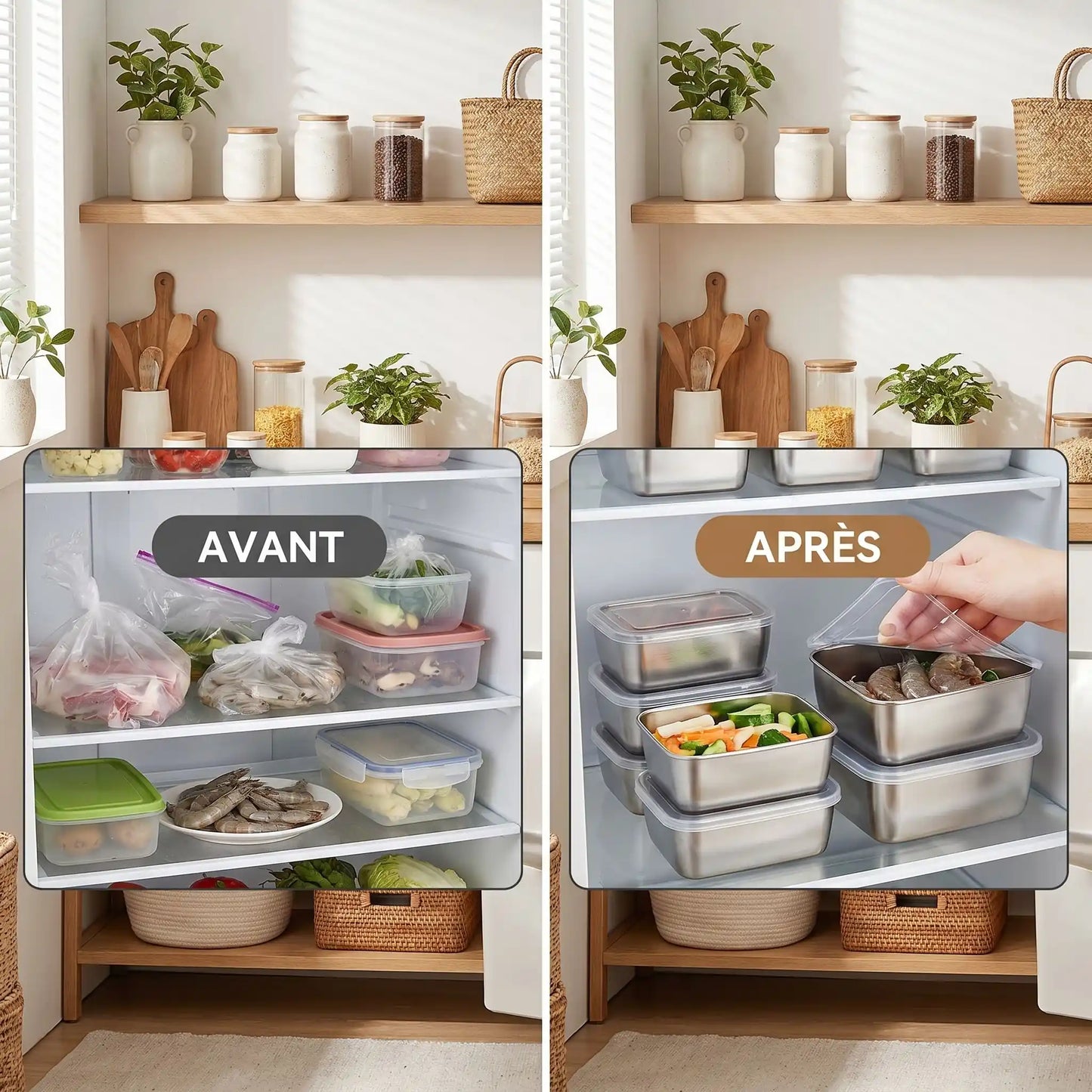 Organisation du plan de travail avec boîtes inox empilables