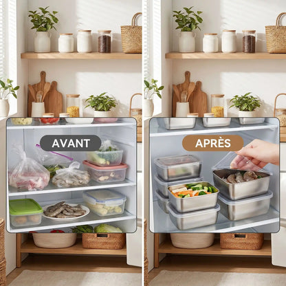 Organisation du plan de travail avec boîtes inox empilables