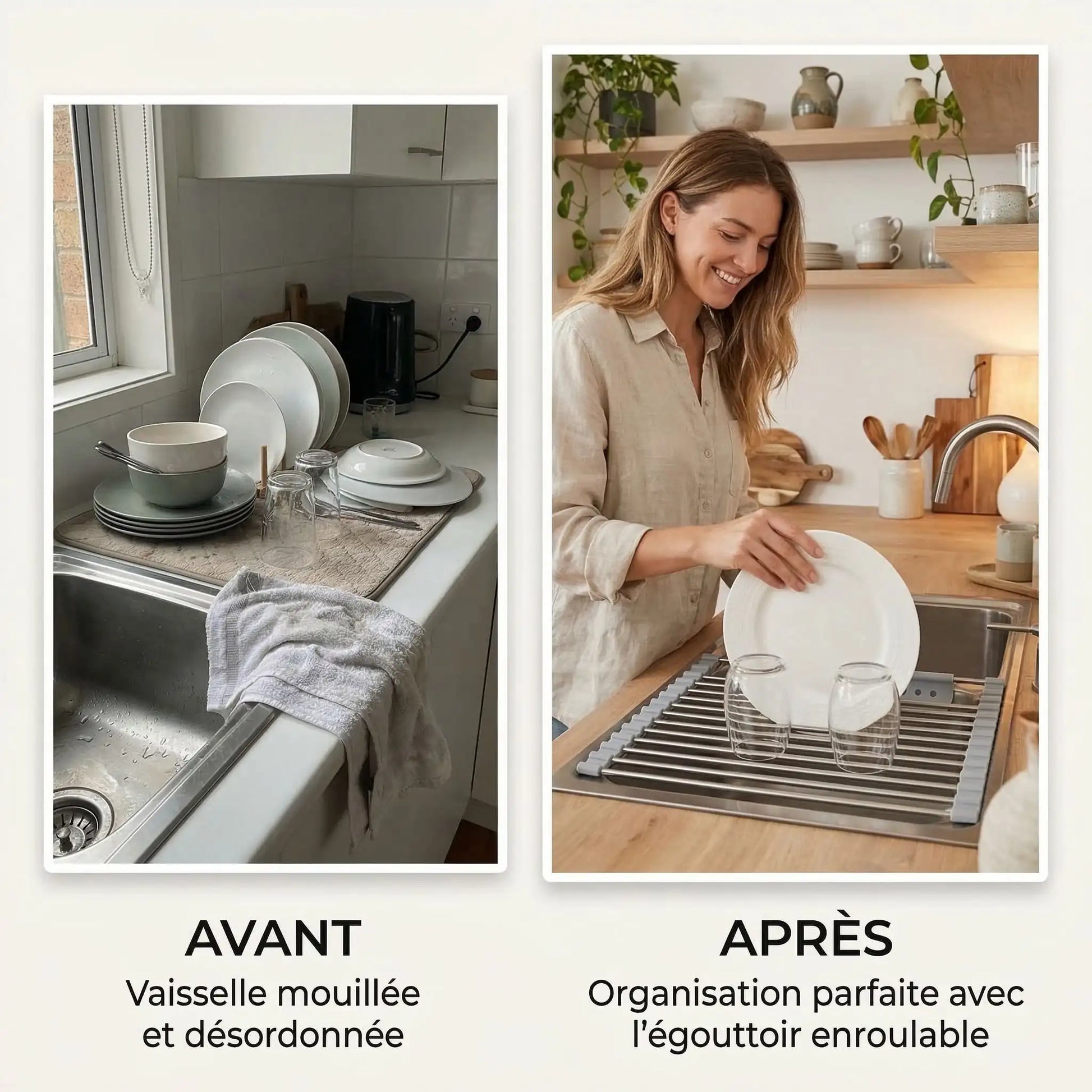 Égouttoir à vaisselle avant après cuisine organisée
