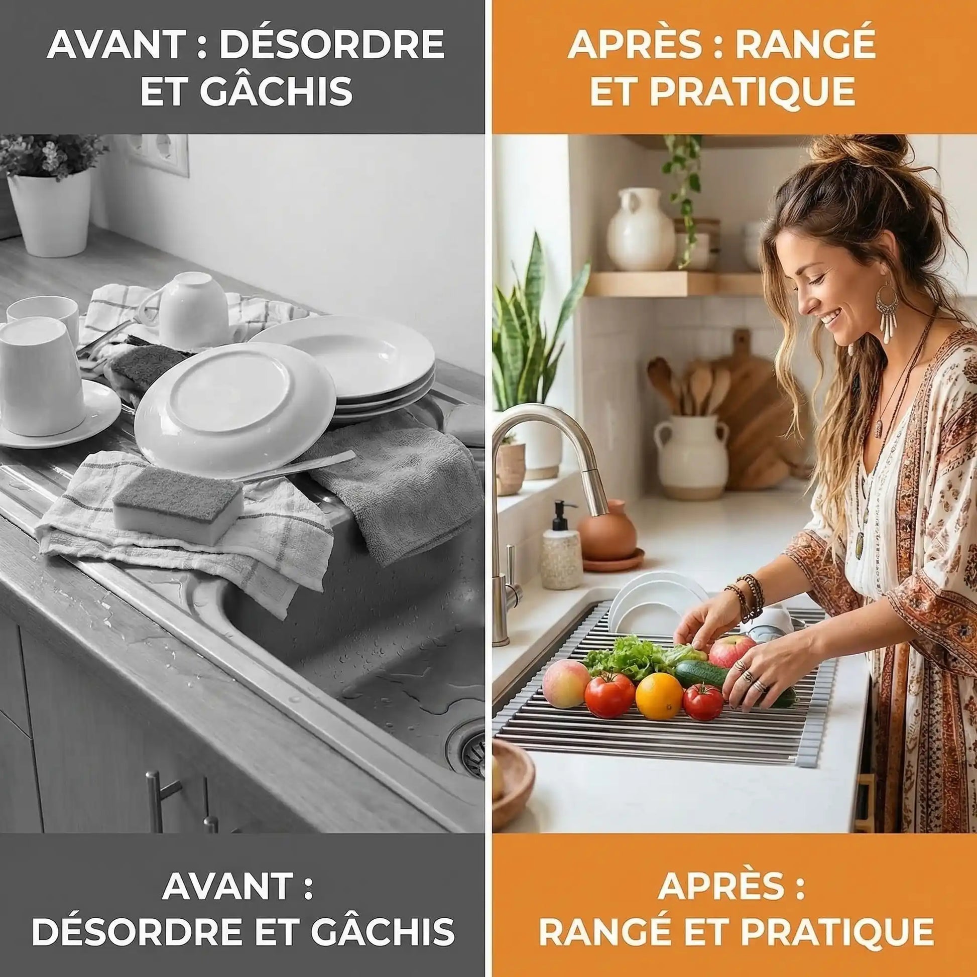 Égouttoir à vaisselle avant après organisation cuisine