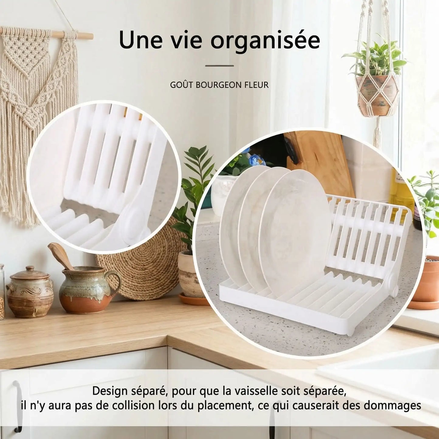 Égouttoir vaisselle utilisé dans une cuisine organisée pour sécher les assiettes