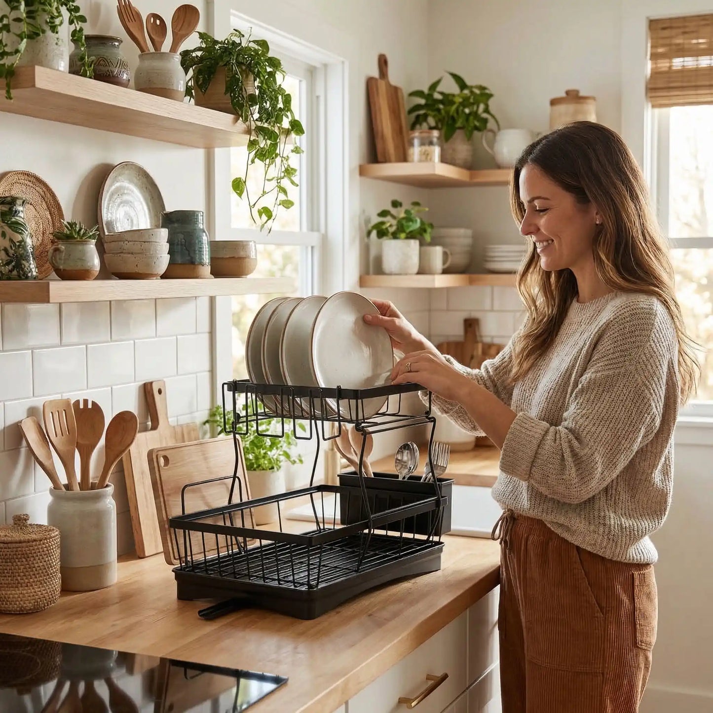 Egouttoir vaisselle utilise dans cuisine moderne organisee