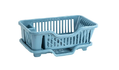 Égouttoir à vaisselle bleu avec porte ustensiles et plateau d'égouttage intégré