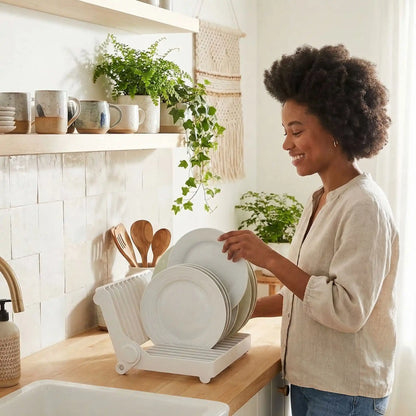 Utilisation égouttoir vaisselle pliable sur plan de travail cuisine