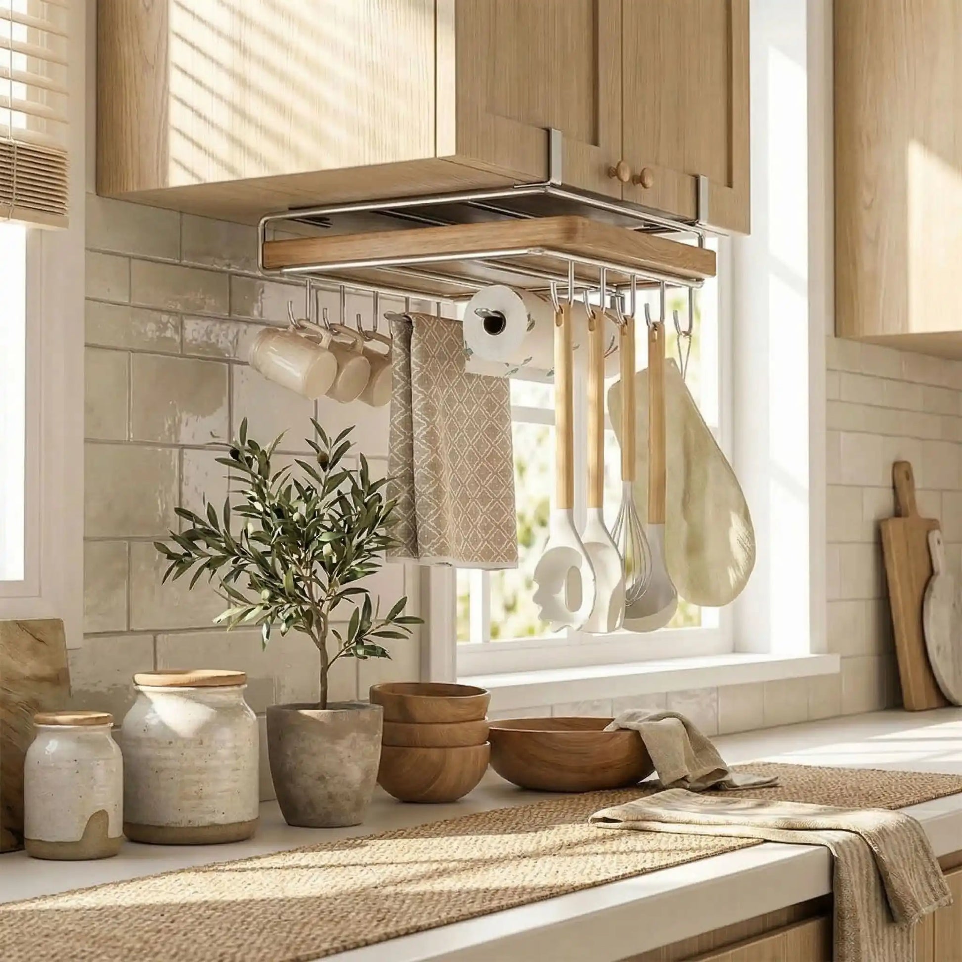 etagere cuisine suspendue rangement sous etagere avec crochets ustensiles et essuie tout