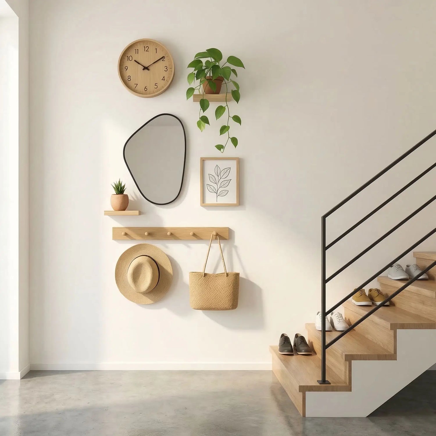 Décoration murale bohème minimaliste avec fauteuil vert et étagères murales – inspiration MinimalisteLab