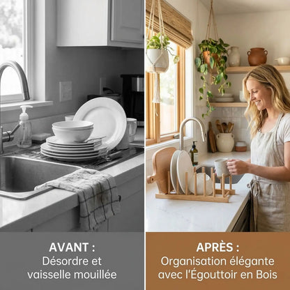Organisation élégante de la vaisselle avec égouttoir en bois