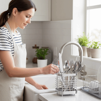 Animation utilisation porte couvert inox rangement couverts en mouvement