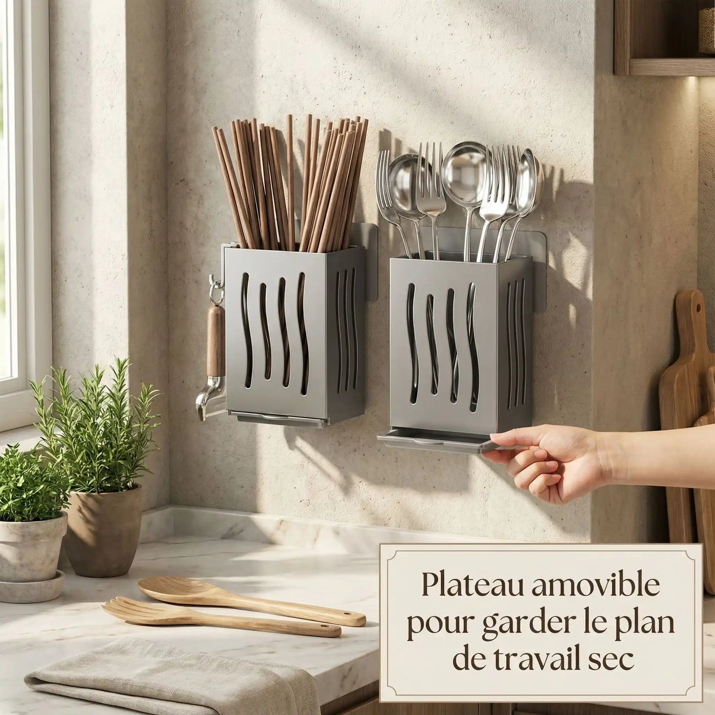 Porte-couverts mural double avec plateau amovible – garde le plan de travail sec