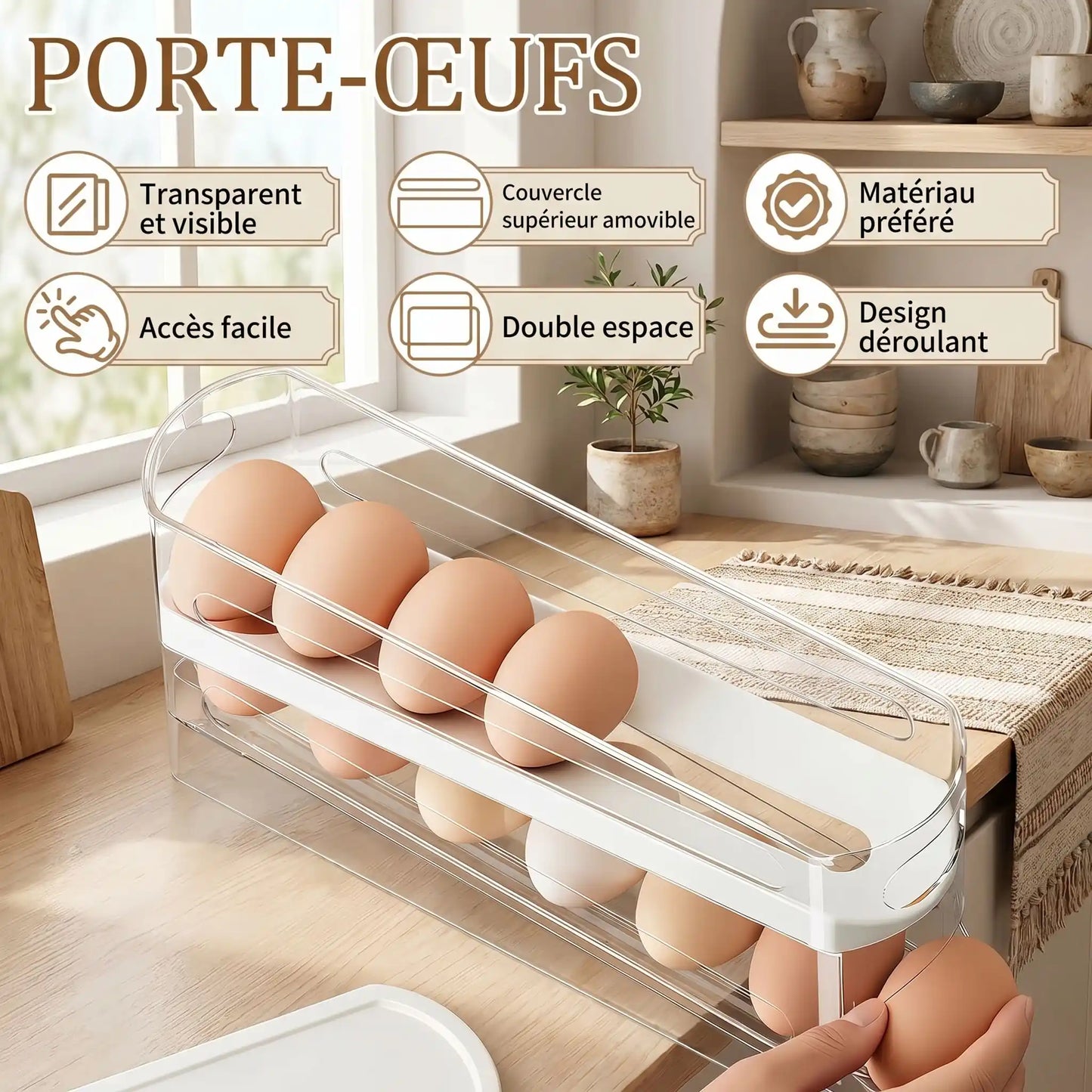Porte œufs transparent avec accès rapide