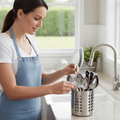 animation utilisation porte ustensiles inox montrant rangement et drainage en cuisine