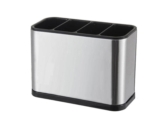 Pot ustensiles cuisine inox avec couverts rangés plan de travail