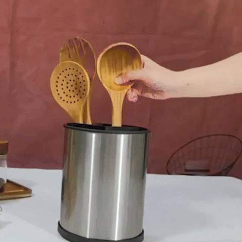 Démonstration rotation 360° pot ustensiles cuisine inox – utilisation quotidienne