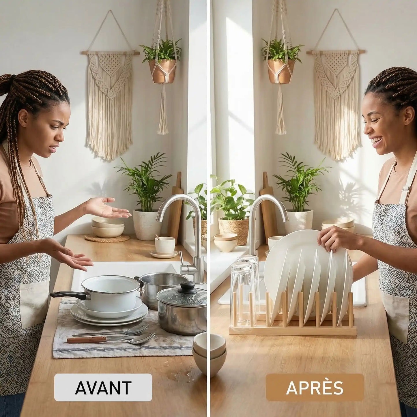 Transformation cuisine avant après avec support vaisselle bois