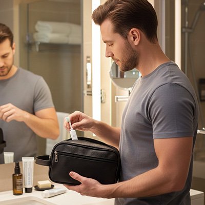 trousse de toilette homme voyage pratique posée bureau MinimalisteLab
