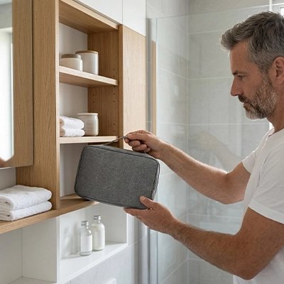 trousse de toilette voyage organisé posée lavabo MinimalisteLab